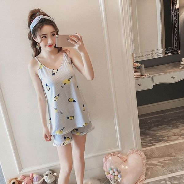 

girls sleeveless pajama sets shorts summer print fruits sweet cotton sleepwear, Blue;gray