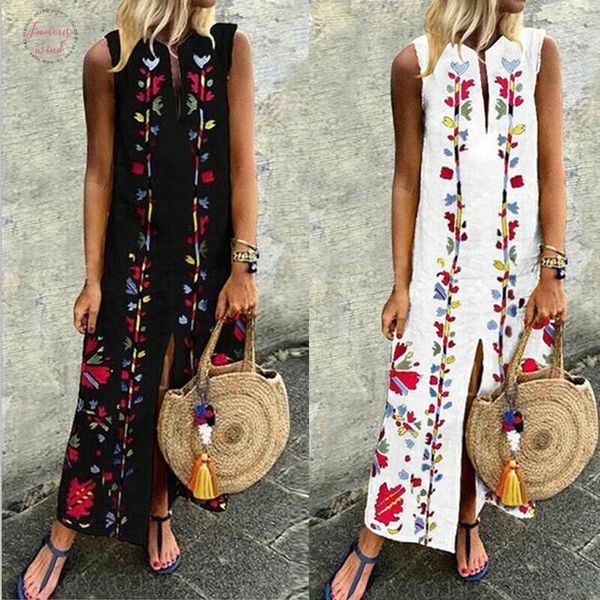 

2020 womens summer flpral boho casual long maxi party cocktail beach dress sundress printed sleeveless split ethnic wind dress, Black;gray