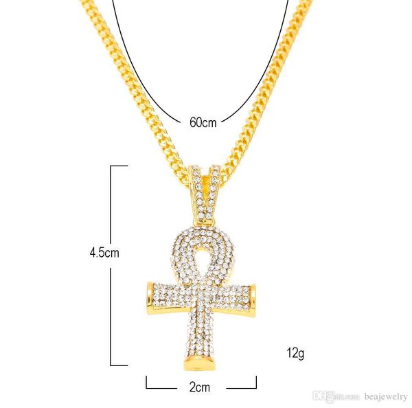 Correntes de ouro muito egípcio Ankh Key of Life lindamente pingente com pingente de cruz de rubi vermelho conjunto de joias masculinas bling hip hop