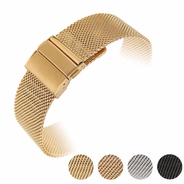 

stainless steel mesh watch band 16/18/20mm width folding clasp watch strap fashion women men sport watches belt, Black;brown