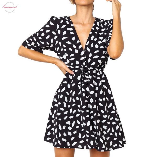 

short sleeve dress woman basic printing v neck casual dress flare button summer dress princess vestidos g6, Black;gray