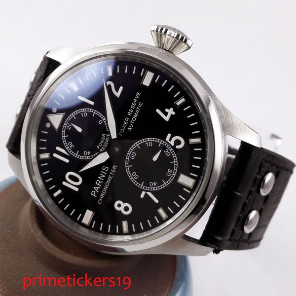 

47mm black dial automatic men's watch power reserve leather strap, Slivery;brown