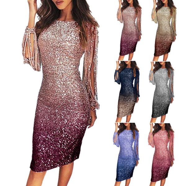 

women's evening dress tassel long sleeve gradient sequin evening dress