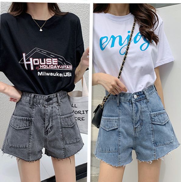 

2020 новые летние шорты женщины старинные большой карман промытые джинсовые шорты хлопок свободные высокая талия кисточкой джинсовые горячие, Blue