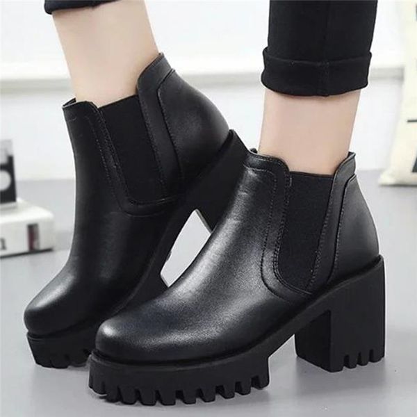 

ankle boots for 2020 new female ladies winter shoes round toe solid color short boot round toe square heels shoes botines mujer, Black