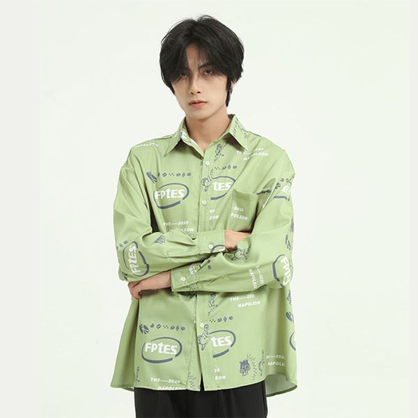 

male japan korea streetstyle loose shirt men letter print streetwear hip hop long sleeve casual shirt, White;black