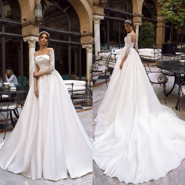 

elegant sheer jewel neck long sleeves satin a line wedding dresses 2020 tulle lace applique ruched sweep train bridal wedding gowns, White