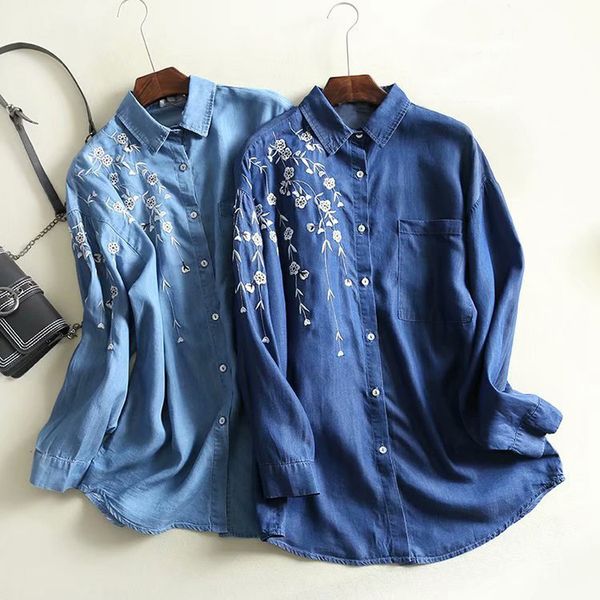 

2018 spring shirts women long sleeve turn down collar denim shirts femme vintage blouse blusa loose casual for women, White