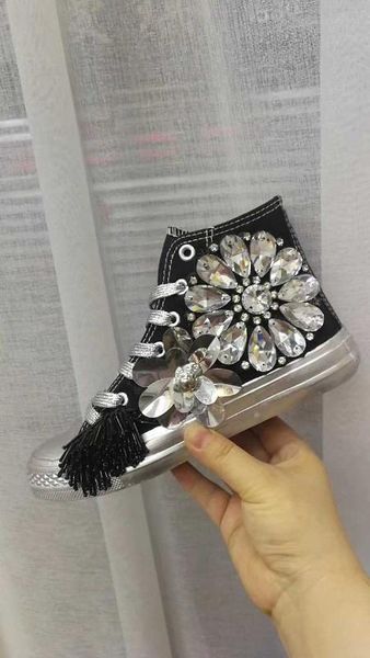 

spring and autumn new women's shoes flat sole high lace up canvas shoes rhinestone board craft, Black