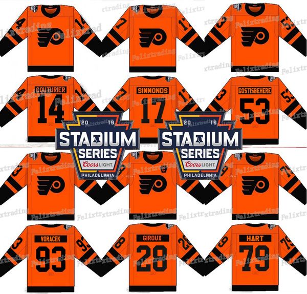 

2019 Stadium Series Philadelphia Flyers 79 Carter Hart Sean Couturier Claude Giroux Wayne Simmonds Jakub Voracek Shayne Gostisbehere Jersey