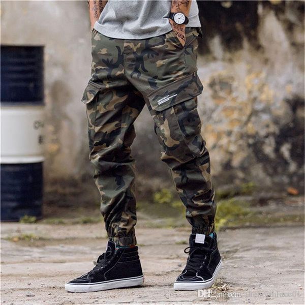 

fashion mens camouflage jogging pants zipper overalls beam foot trousers irregular pants hip hop mens stylist pants, Black