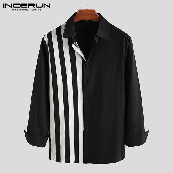 

incerun fashion shirt men cotton striped patchwork 2019 lapel personality camisa long sleeve casual mens brand shirts streetwear, White;black