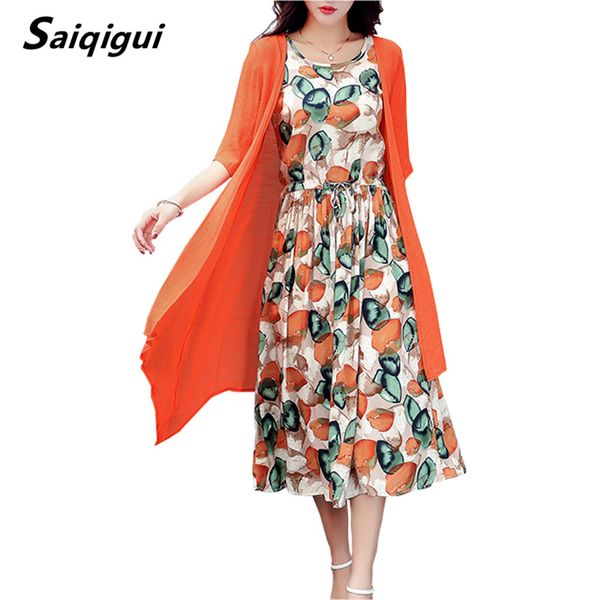 

Saiqigui Summer dress women dress casual Loose tow piece Cotton Line dress Print o-neck plus size vestidos de festa M-5XL