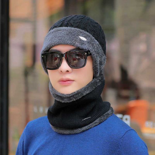 

women men winter warm hat wool balaclava snow ski knitted cap with neck warmer, Black