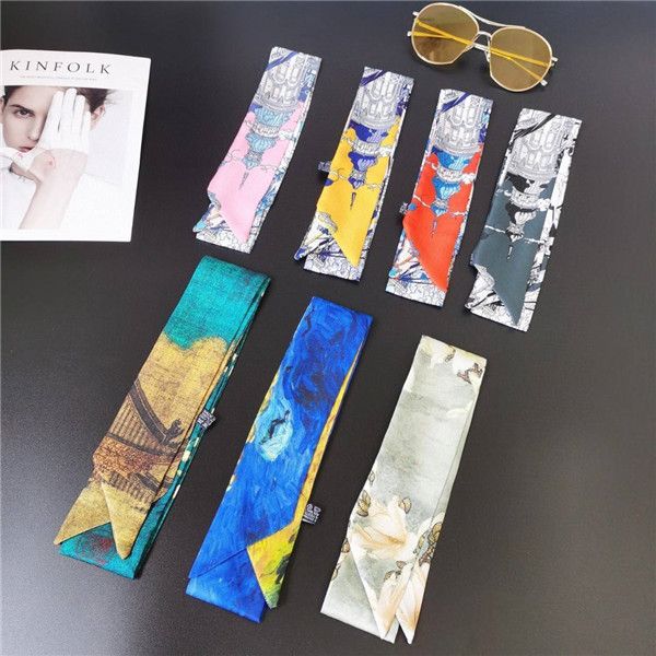 

letters print twill silk scarf women brand design fashion handbag bow ribbons hair headband summer female small head scarves 02, Blue;gray