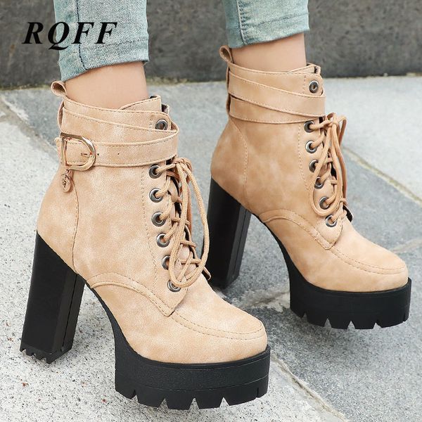 

super high block heels shoes woman new autumn winter ankle boots women fashion platform boot plus big size black gray beige