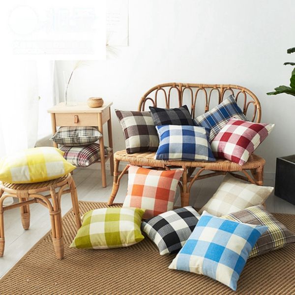 Cushion Covers Plaid Throw Pillow Case Linen Decorative Pillowcase