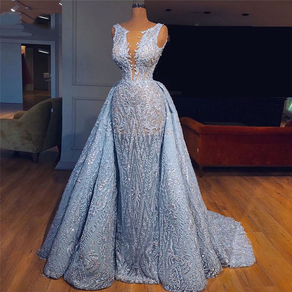 

luxury 2020 baby blue pageant evening dresses with detachable skirt african muslim forma prom dress robe de soiree abendkleider, Black;red