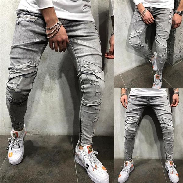 

desinger jeans zipper solid color summer fashion style homme clorhing pecil pants button mens new 2020ss hole, Blue
