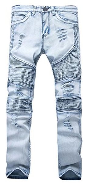 

cameinic men hiphop pants skinny runway distressed slim denim biker jeans, Blue