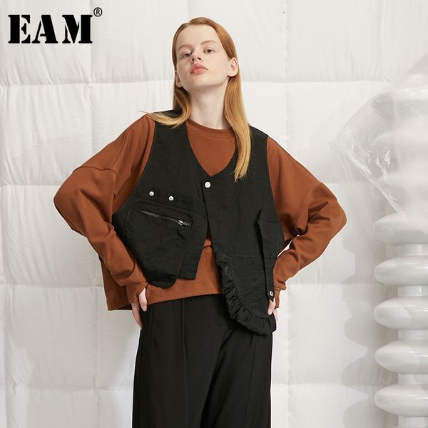 

eam] women black asymmetrical ruffles split joint loose fit vest new v-collar sleeveless fashion tide spring autumn 2019 1h652, Black;white