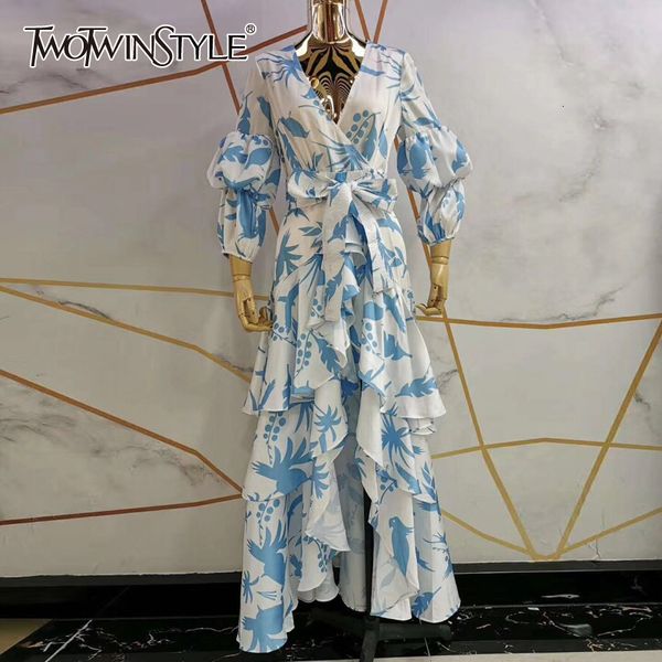 

twotwinstyle print lantern sleeve v neck wrap dress sash waisted asymmetric ruffle maxi dresses women boho fashion autumn 2020, Black;gray