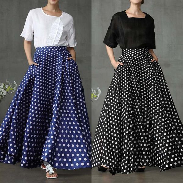 

2019 zanzea women's skirt bohemian polka dot print faldas casual back zipper up pockets long maxi skirts jupe femme plus size, Black