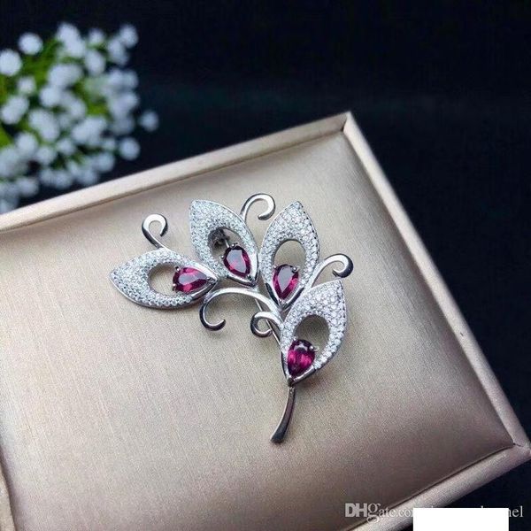 

handmade flower branch design 925 silver seiko made natural garnet pendant and brooch multi-use beautifu brooch women's jewelry, Gray