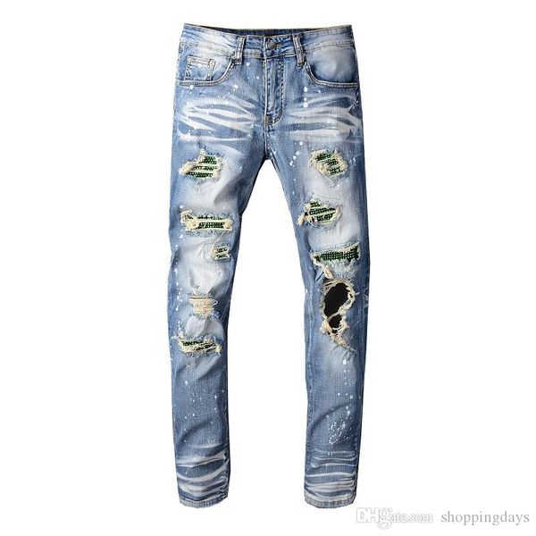 

мужские дизайнерские джинсы рваные проблемные slim fit motorcycle biker denim для мужчин leopard патчи hip hop jeans green риве, Blue