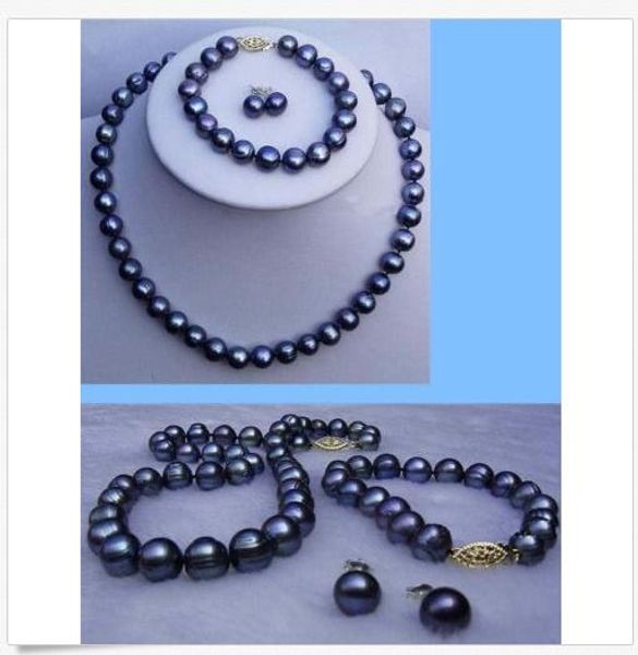 

7-8mm black akoya cultured pearl necklace/bracelet/earrings set 18"7.5" ar, Silver