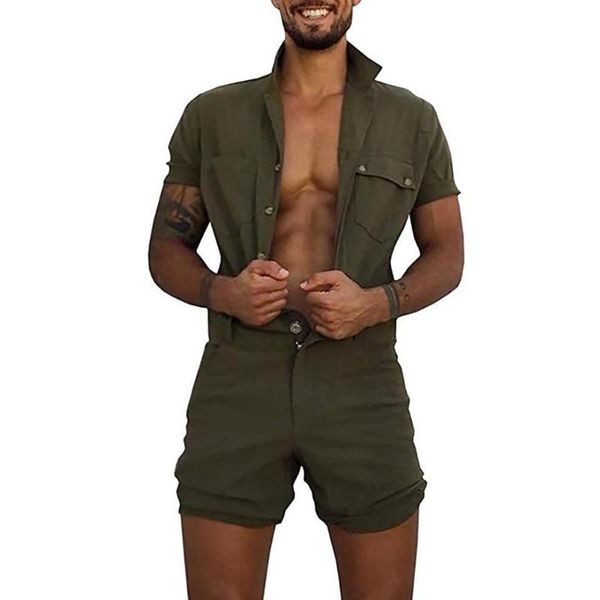 

men solid color short sleeve pockets button jumpsuit romper overall work clothes, Blue