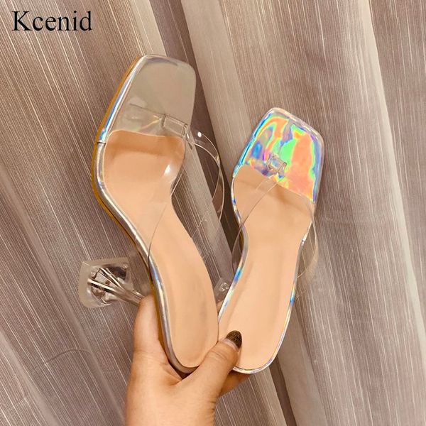 

kcenid summer fashion women slippers pvc transparent high heels crystal party slippers flip flops shoes size 40 silver new, Black