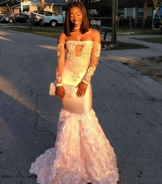 

Pink Mermaid Prom Dresses 2019 New Off The Shoulder Lace Appliques 3d Flowers Long Sleeves Illusions Evening Gowns Plus Size