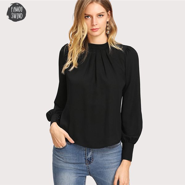 

blouses autumn stand collar chiffon workwear office ladies long sleeve pleated long sleeve regular fit women black elegant, White