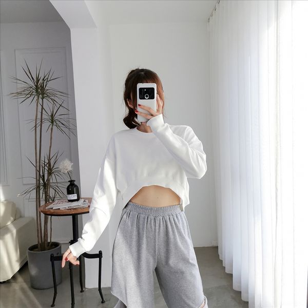 

women's short sweater 2019 loose solid color omitting navel high waist harajuku style pullover sweater pullover top, White