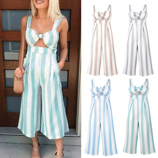 

fashion women striped strappy jumpsuit romper pants casual womens wide leg trousers tank strappy cut out jumpsuits, Black;white