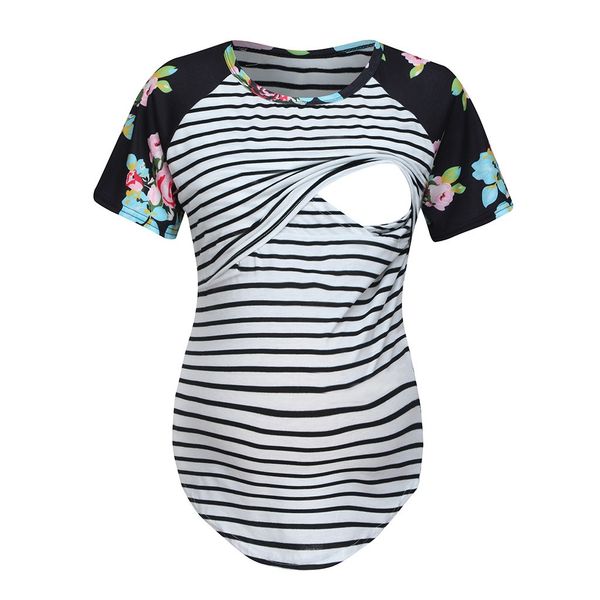 

pregnant maternity t-shirt short sleeve breastfeeding clothes nursing stripe flower loose blouse clothes for women zf, White