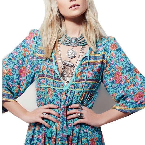 

februaryfrost women floral printed long bohemian dress blue chiffon v neck dress fashion casual maxi beach dress, Black;gray
