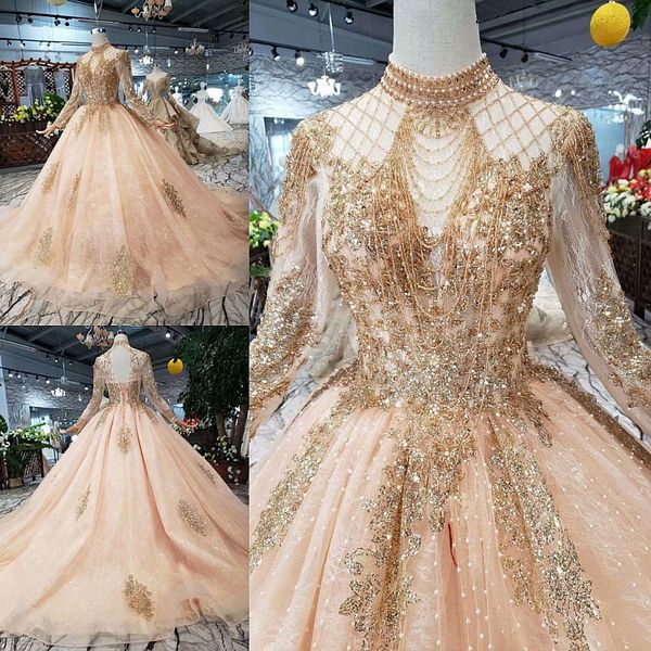 

vintage champagne with gold high neck long sleeve wedding dresses sweep train lace applique tassel bridal gowns vestidos de novia, White