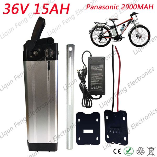 

500w 36v 15ah ilver fi h e bike battery 36v 15ah electric bicycle akku u e ncr18650 pf 2900mah cell bottom di charge port