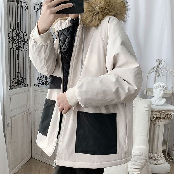 

зимнее пальто для мужчин теплого толстой моды parka мужчина контраст цвет вскользь мехового воротник с капюшоном пальто людей дикого сыпучим, Black