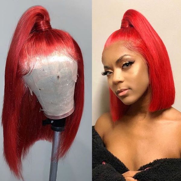 Red Short Bob Wigs Brazilian Virgin Hair Straight Lace Front Human