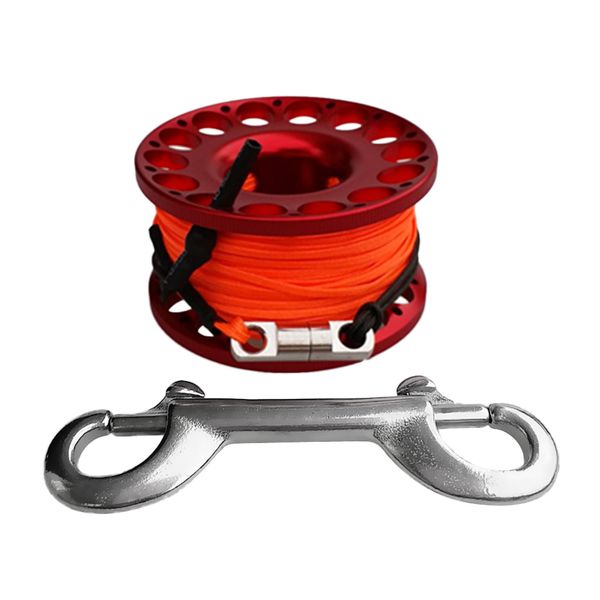 

ultralight red aluminum alloy scuba diving reel spool w/ 30m line, stainless steel dual end bolt snap clip - compact & portable