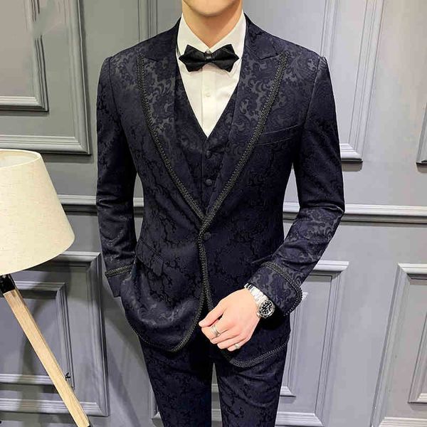 Smoking da sposa da uomo di design di lusso con risvolto con risvolto motivo floreale abiti da sposo per ballo di fine anno giacca formale con un bottone (giacca + gilet + pantaloni)