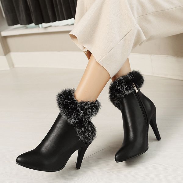 

ymechic thin high heels ankle boots faux fur fringe fashion ladies shoes red white black party wedding shoes booties winter