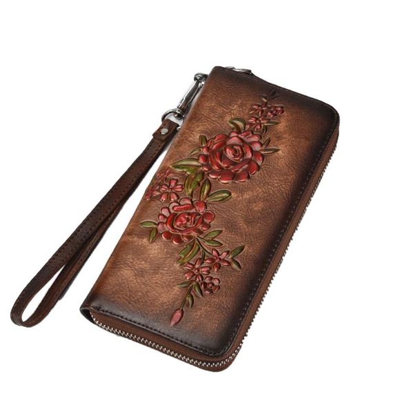 

women zipper wallet leather wristlet handbag floral embossed card clutch holder female new vintage phone pouch purse, Red;black
