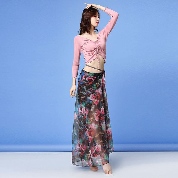 

new fashion women belly dance clothes belly dance practice set floral chiffon long skirt stretchy 2pcs set clothing, Black;red
