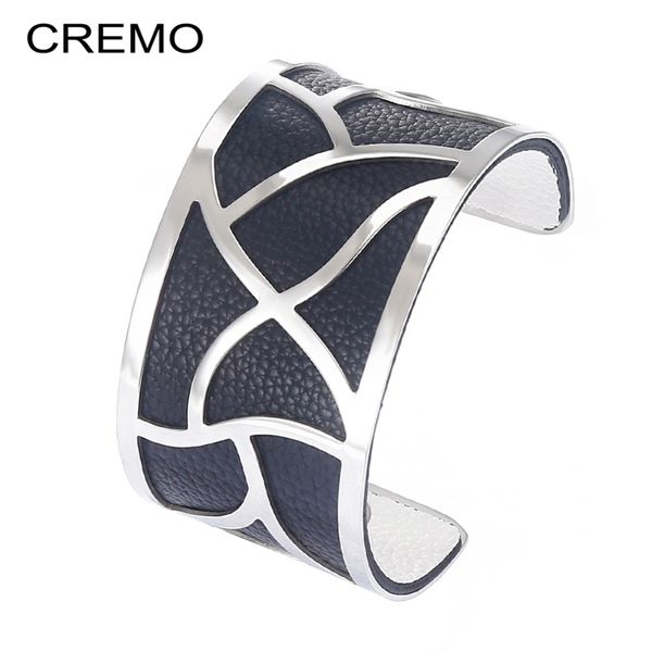 

cremo manchette volute серебряная отделка широкий манжеты браслет набор женский кожаный ремешок браслет серебряные ювелирные изделия из нерж, Black