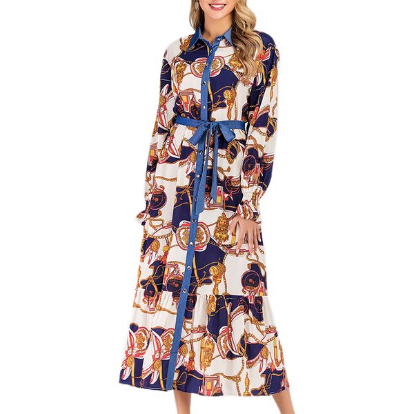 

абая dubai 2020 платье для женщин мусульманское платье мода рубашка abayas turn down воротник орденские ленты печать с длинным рукавом maxi, Red