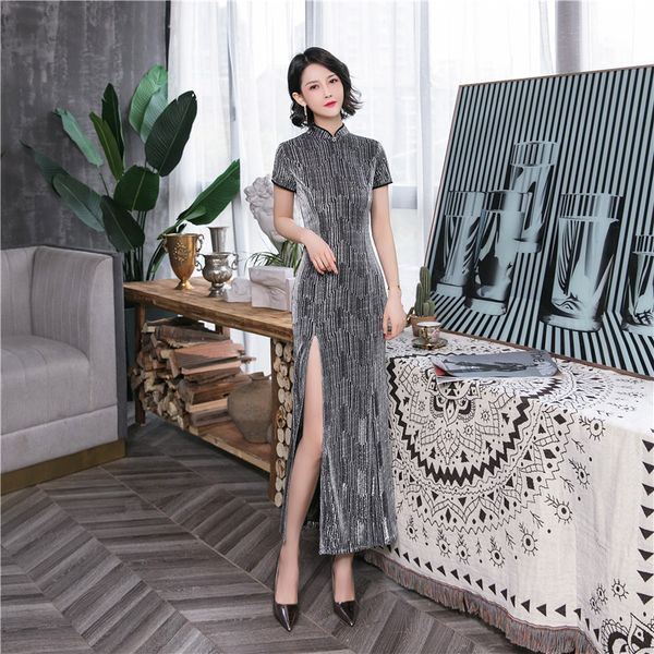 

2020 classic bright side full length cheongsam elegant slim split chinese dress vintage evening party gown qipao vestidos, Red